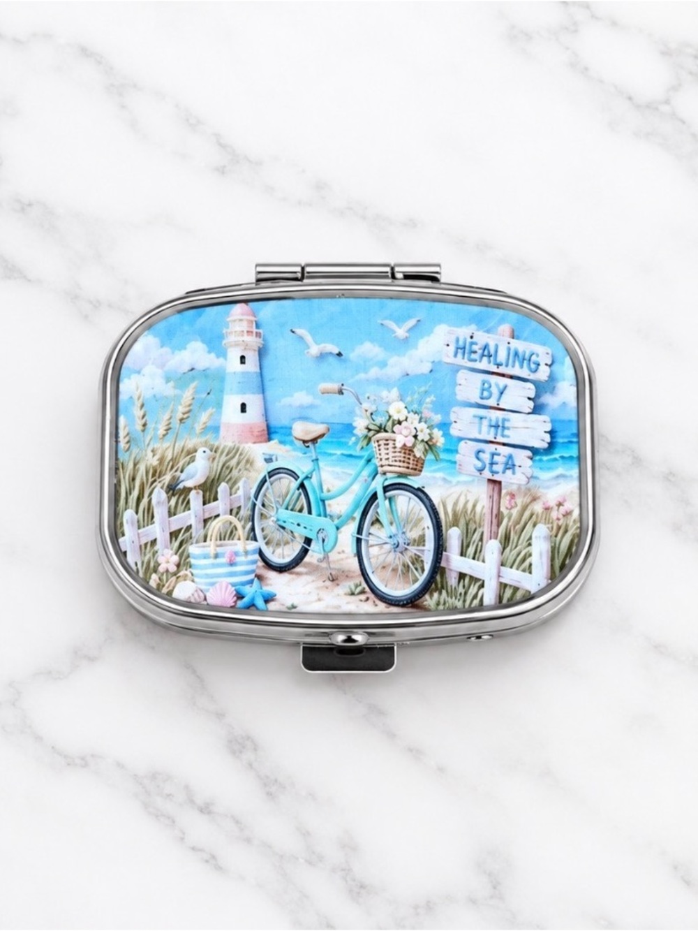 Seaside Theme Design Purse Pill Box/Travel Jewelry-Compact With Lidded Mirror